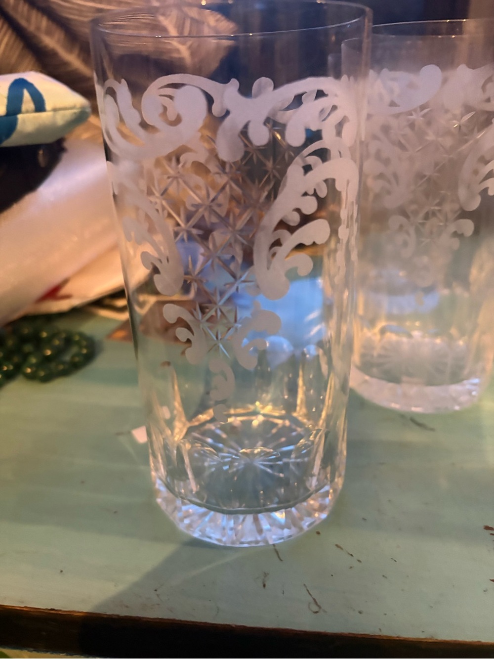 Source Unknown Clear Glass Tumbler with White Etched Scrolls set of 12
